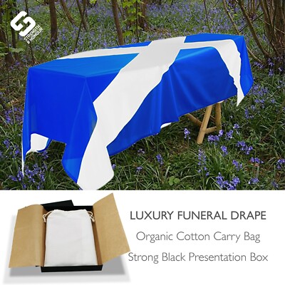 Schottland schottischer Sarg Drapierung 8x5ft Beerdigung Bio-Baumwolle Tasche & Luxus Box
