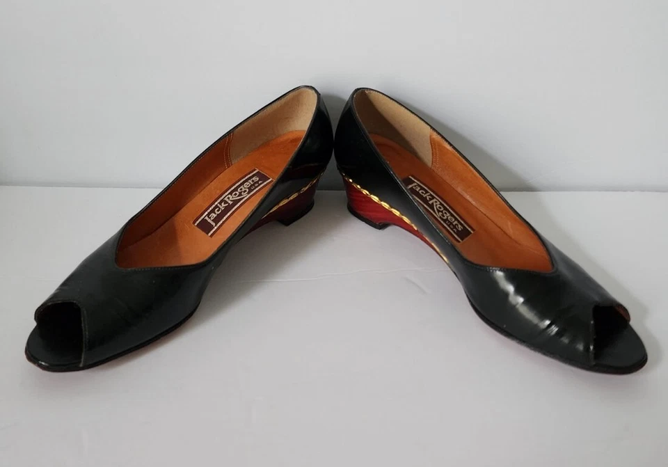VTG Women’s Jack Rogers black Shoes Heels Wedge Open Peekaboo Toe Size 6.5 N - Image 4 of 4