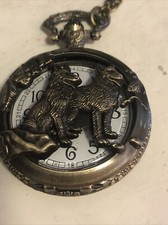 Bronze Pocket Watch Wolf Dog Hollow Quartz Pocket Necklace 3D