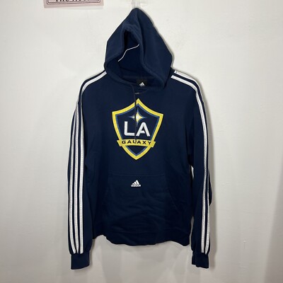 Adidas Mens Large Spell Out MLS Soccer LA Galaxy Hoodie Striped Sweatshirt  Blue