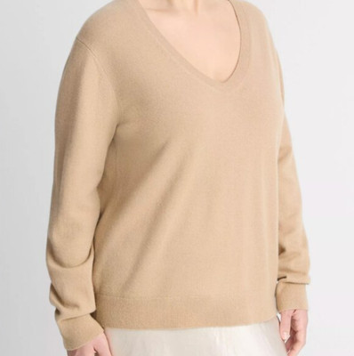 Vince Cashmere Weekend Sweater Plus 1X Camel Vee Neck Pullover $325 NWT
