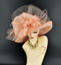 M22020 Peach Kentucky Derby Church Wedding Wide Brim Sinamay Dress Hat