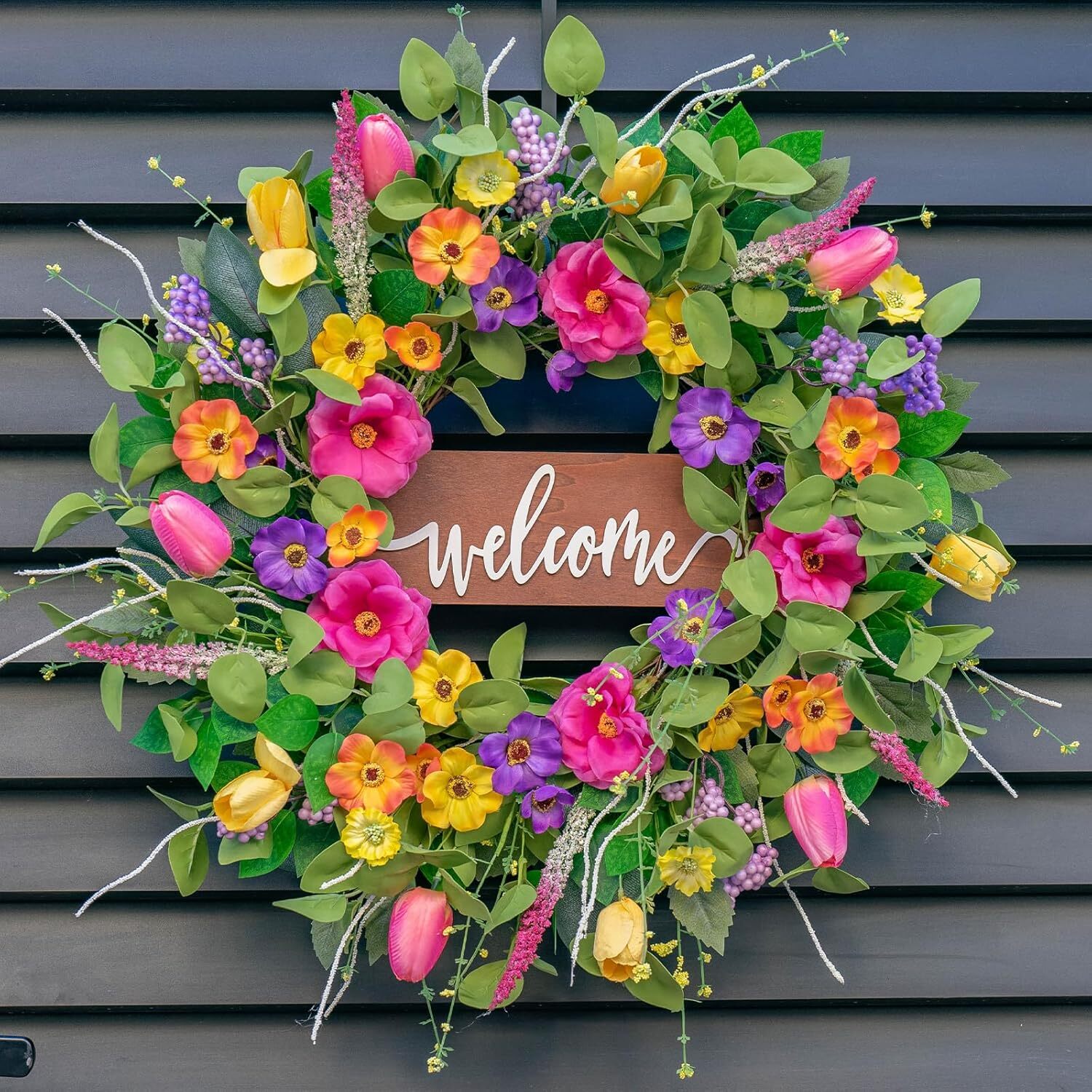 24 Inch Spring Summer Tulip Floral Wreath for Front Door or Indoor Decor