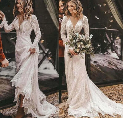 Brautkleid Hochzeitskleid V-Ausschnitt Column Ivory Maßgeschneidert 36 38 40 42 - Bild 1 von 4