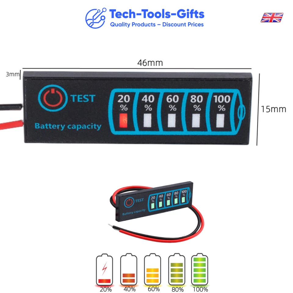 SODIAL 18650 Li-Ion Lipo Lithium 5-30V Lead Acid Battery Level Indicator Tester UK Post