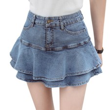 Lady Double Layer Falbala Dance Party Casual Fashion Micro Mini Denim Skirt