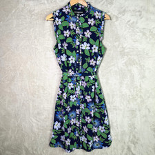 Karl Lagerfeld Dress Womens Size 10 Blue Floral Button Front Belted Sleeveless