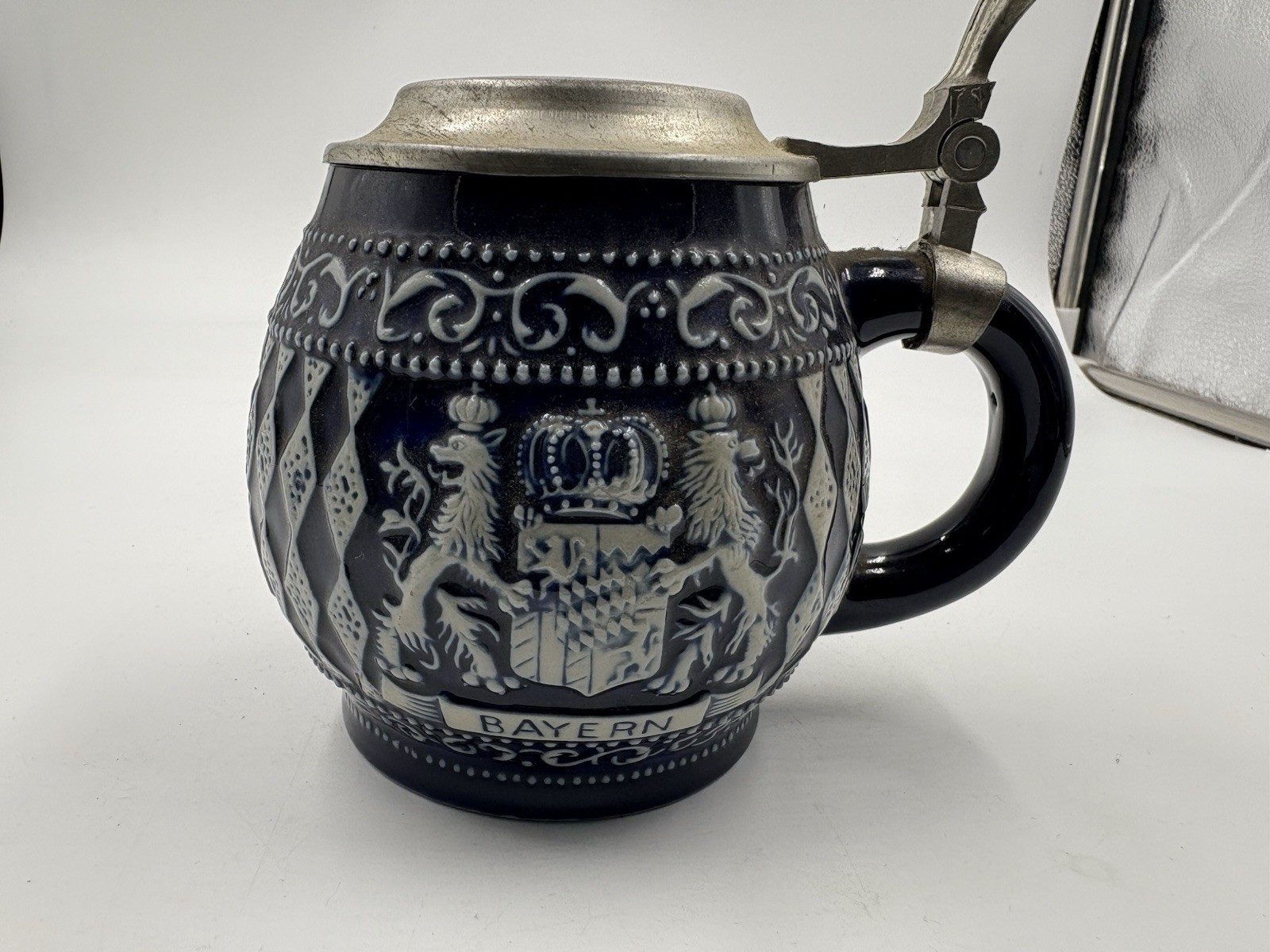 Vintage Gerz Beer Stein, Pewter Lid, Mug Blue Grey Soccer