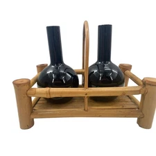 Vintage Dark Black Cherry Glass Cruet Oil / Vinegar or SAKE Set in Caddy