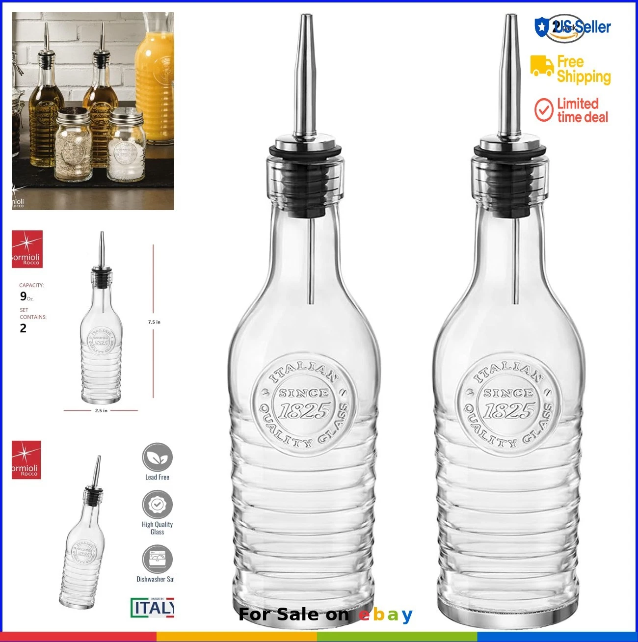 Glass Oil and Vinegar Bottles Set of 2 Stainless Steel Pour Spout 270ml