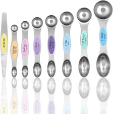 Magnetic Measuring Spoons Set of 8 with Leveler, Stainless Steel Metal Measuring