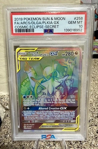2019 Pokemon SM Cosmic Eclipse Arceus Dialga Palkia Tag Team #258/236 PSA 10