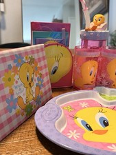 Tweety Looney Tunes Kids Plastic Dinner Set 3-Compartment Plate Cups Lid Straw