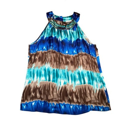 Fred David Women's Blue Brown Tie Dye Halter Top Studded Neckline Size L