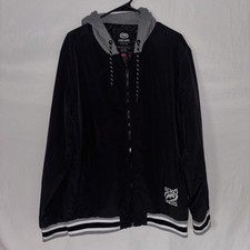 Ecko Unltd Rhino Hooded Zip Jacket Black Gray Stripe Cuffs Mens Y2K Streetwear