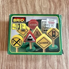 Lot of (8) BRIO Vintage 1990s Wooden Train US Traffic Signs Sweden + Box 33562