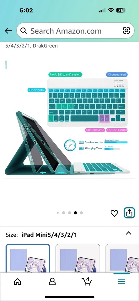 iPad mini 7.9 inch Keyboard Case Wireless Detachable Cover for 5/4/3/2/1, Green - Image 4 of 4