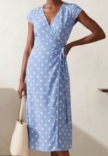J Crew Viscose Blue White Polka Dots Cap Sleeve Waist Tie Wrap MIDI Dress Sz M