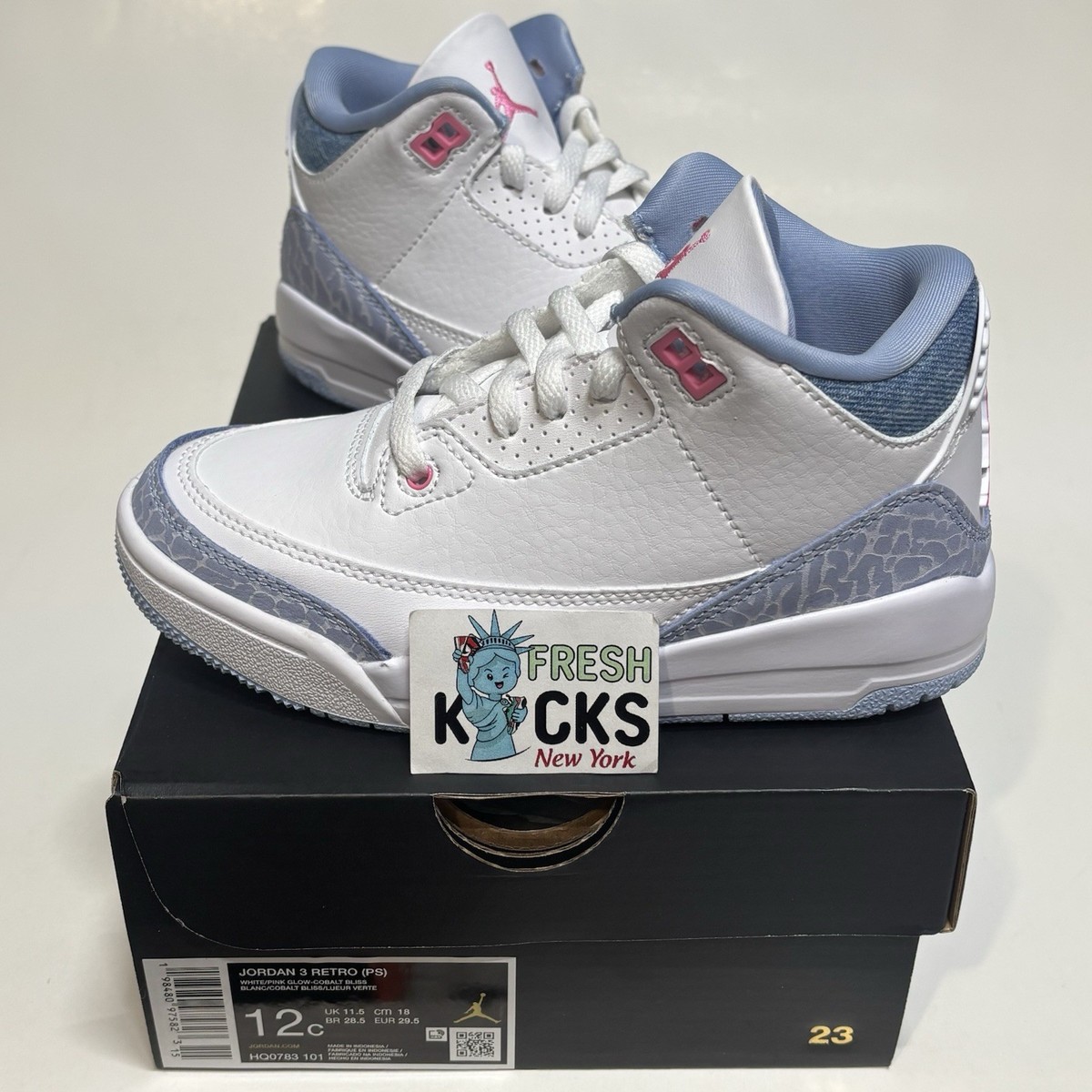 Jordan 3 White Cobalt Bliss Pre School Size 12c Little Kids UK11.5 