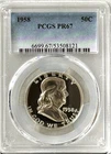 1958 PROOF FRANKLIN HALF PCGS PR67, LIGHT CAM OBVERSE, NO SPOTS, HAZE OR TONING