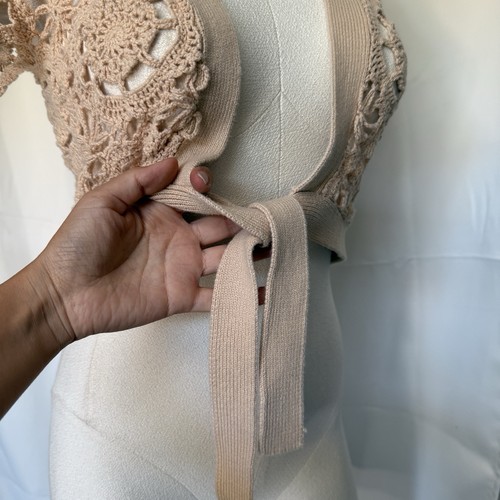 Y2K Open Crochet Knit Shrug Short Sleeve Top Women’s M/L Cottage Tie Front - Picture 4 of 10