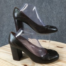 Tory Burch Heels Womens 9.5 M Logo Medallion Block Heel Pumps Brown Leather