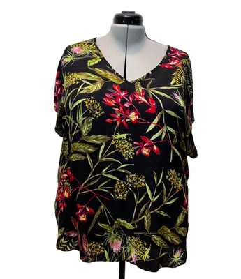Philosophy Woman Plus Size 1X Black Floral V-Neck Short Sleeve Top