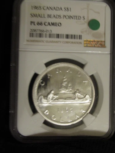 1965 CANADA 1965 SILVER DOLLAR $1..SMALL BEADS POINTED 5..NGC PL-66 CAMEO