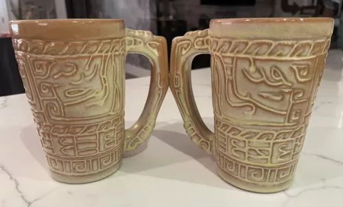 2 Vintage Frankoma Pottery Aztec Mayan Desert Gold 7M Grande Mugs / Cups MCM