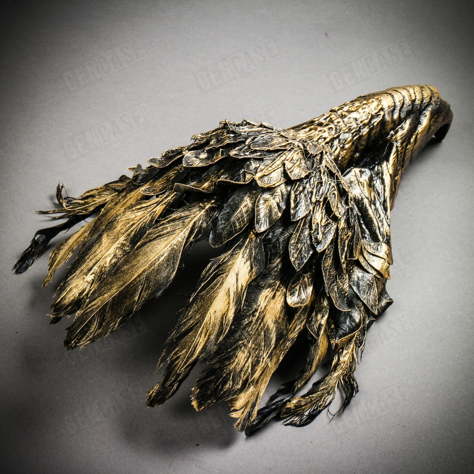 GOLD Plague Doctor Raven Bird Nose Halloween Costume Party Face Mask w/ Feather - Image 3 of 4
