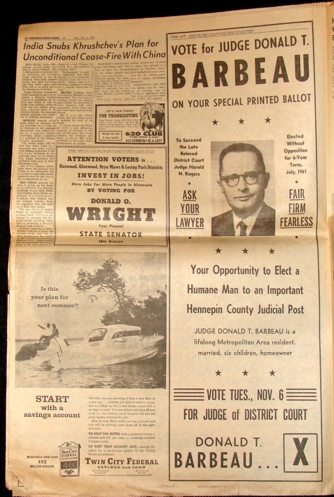 NOV. 5 1962 MPLS. TRIBUNE NEWSPAPER DON FRASER 1st RUN FOR CONGRESS