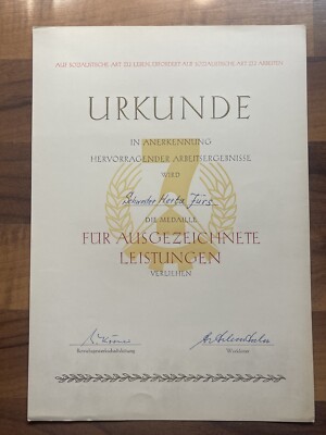 DDR Urkunde - 7 Jahrplan Medaille Für Ausgezeichnete Leistungen ...