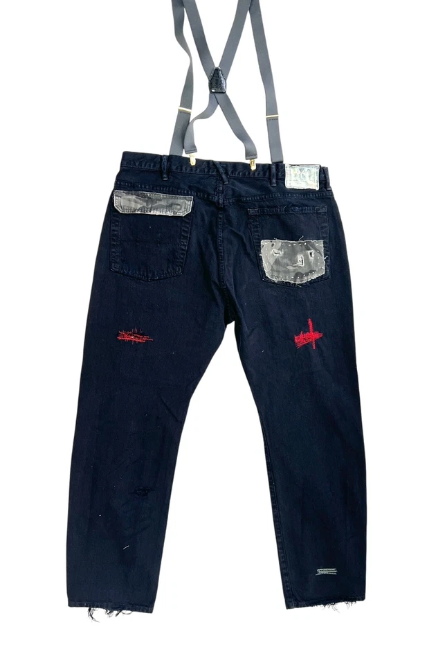 Polo Ralph Lauren men black jeans 40x30 patchwork ripped upcycled suspenders - Image 2 of 4