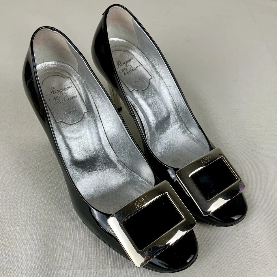 Roger Vivier Italian Black Patent Pumps, With Trompette Silver Heels Size 6.5 - Image 4 of 4