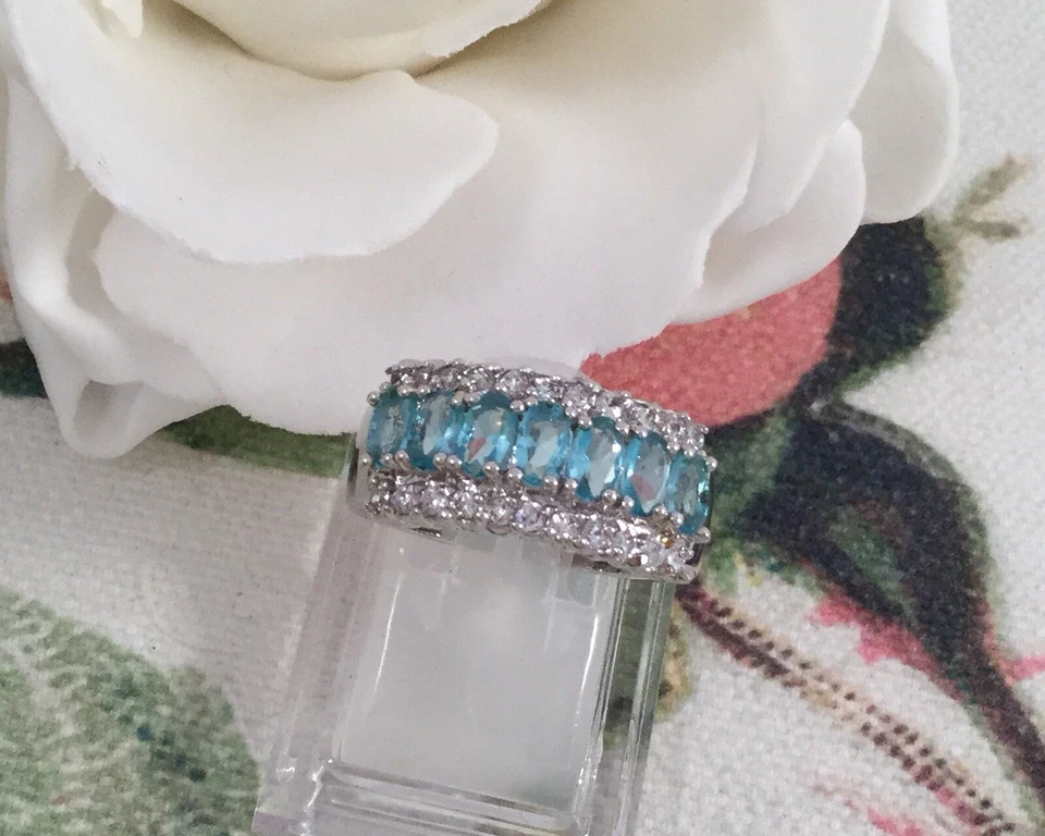 Joyería Vintage Anillo Oro Topacio Azul Zafiros Blancos Joyería Antigua Deco 8 Q Foto 4 de 4