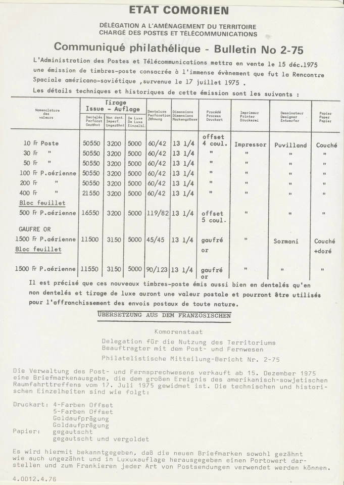 COMOROS 1975, APOLLO-SOYUZ GOLD-STAMP 1500 F superb U/M MS - only 5,000 issued - image 2 of 2