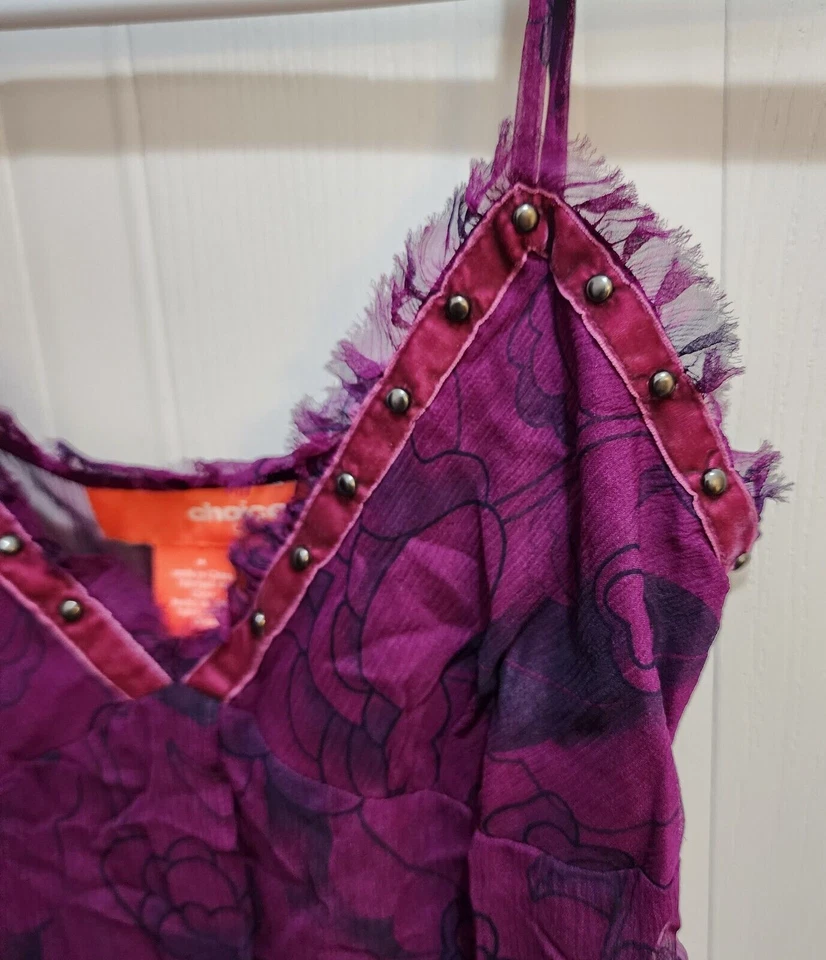 Blusa transparente fluida sin mangas Choice Calvin Klein púrpura floral 100 % seda talla M Foto 4 de 4