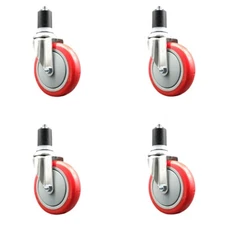 5 Inch 316SS Red Polyurethane Swivel 1-3/4 Inch Expanding Stem Caster Set SCC