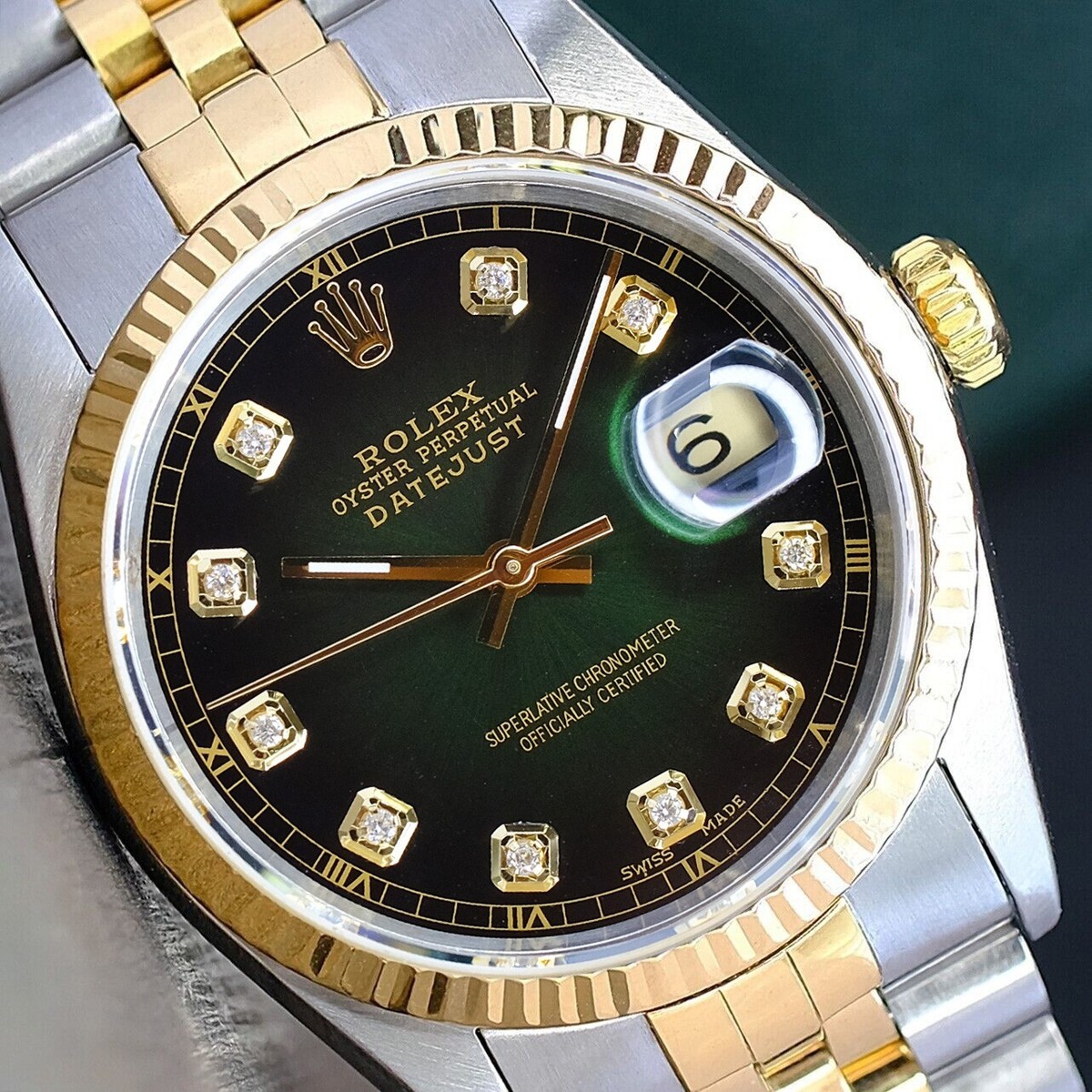 Rolex Datejust 36mm Mens 18KY Gold Steel Green Dial Fluted Bezel