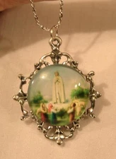 Filigree Maltese Blue Accented Our Lady of Fatima Silvertone Pendant Necklace