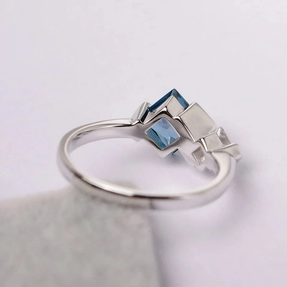 Princess Cut London Blue Topaz Proposal Ring Moissanite 925 Sterling Silver Ring - Image 3 of 4