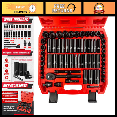 64pcs 3/8'' Drive Impact Socket Set, SAE/Metric, Deep & Shallow, 72T Ratchet, Cr-
