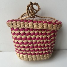 Vintage Style Woven Straw Basket Bag Pink Geometric Pattern with Cover