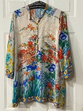 Johnny Was Silk Sz S Blouse Popover Tunic 3/4 Sleeve Multicolor Floral/Birds