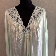 Vintage 1970s Vanity Fair Nylon tricot Robe Mint Green lace Button Front XXL USA