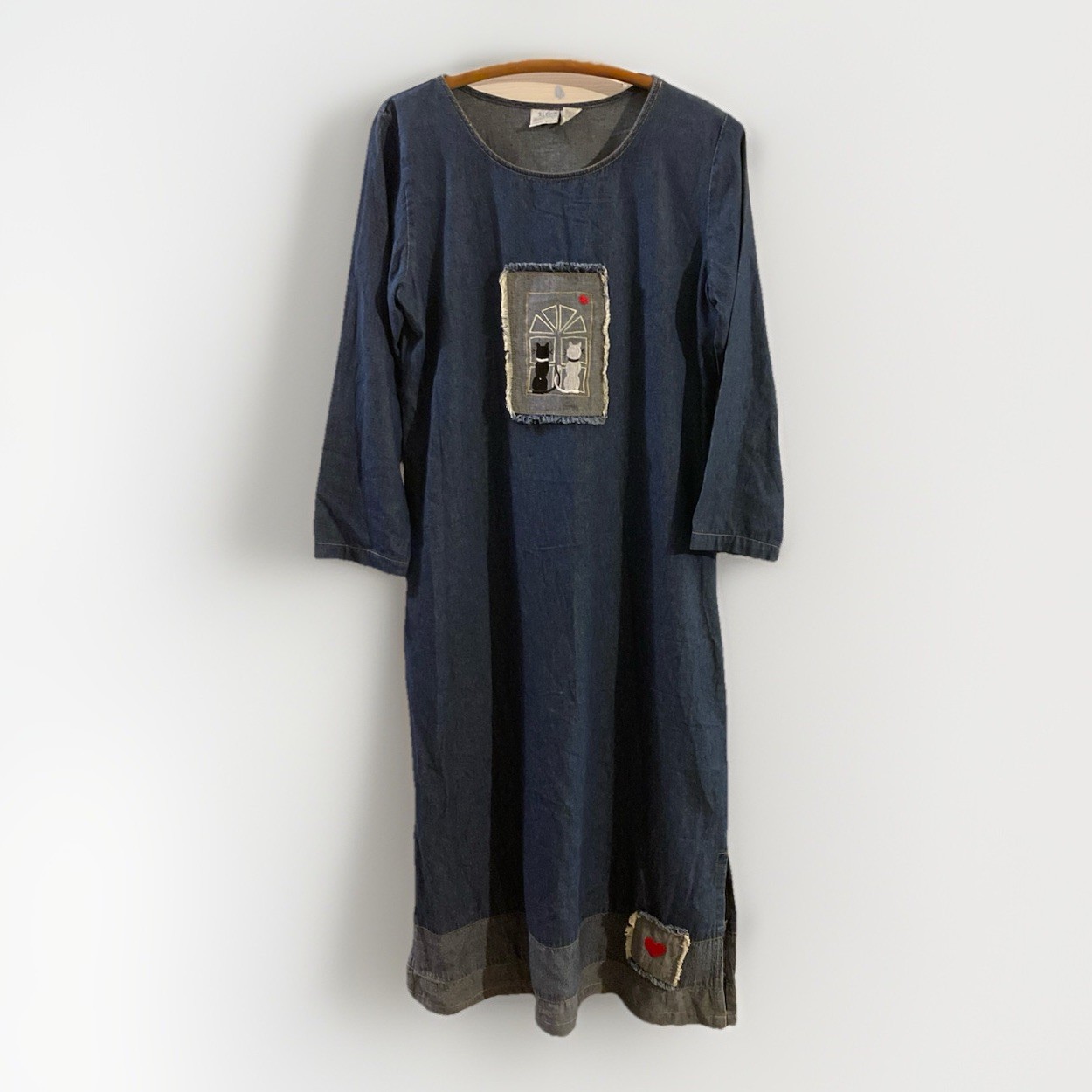 VTG Bleu Bayou Women’s Long Denim Dress Cat Embroidery A-Line 100% Cotton Sz S