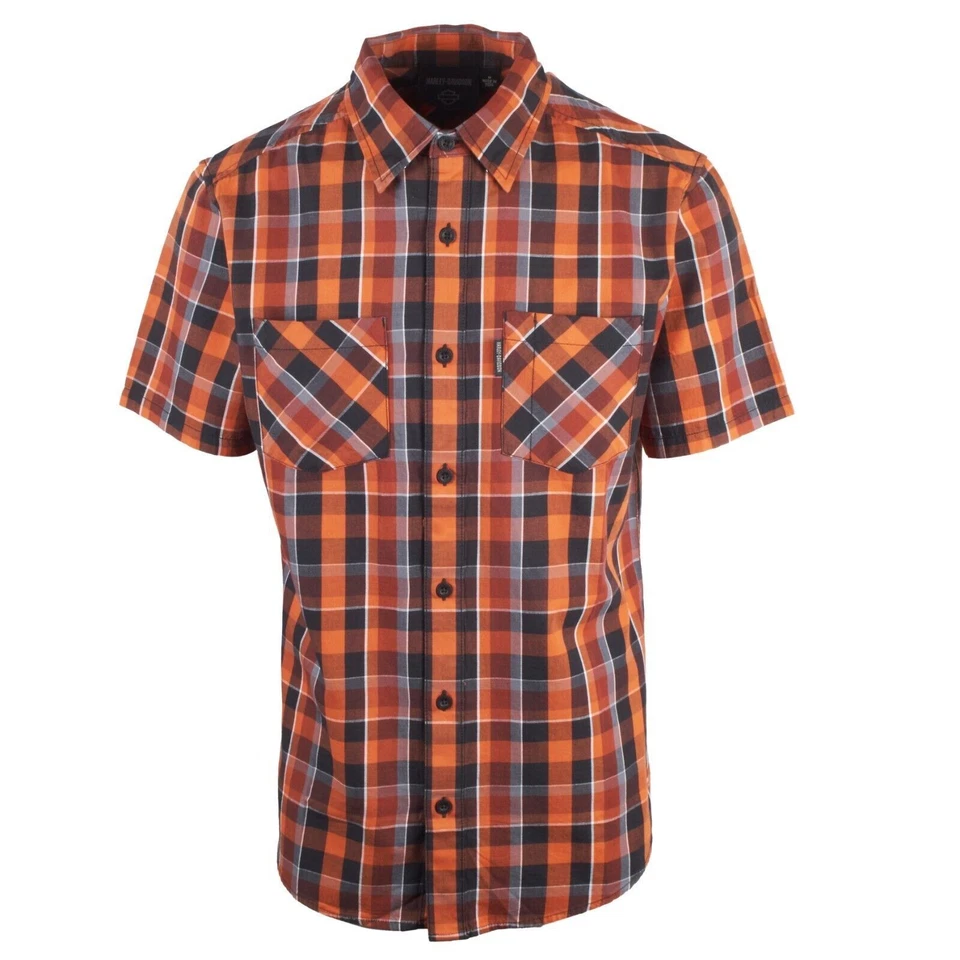 Harley-Davidson Men's Orange Black Plaid MKE S/S Woven Shirt (S45) - Image 2 of 4