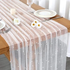 MEIVINES 10FT Pearl Table Runner White Tulle Fabric Boho Rustic Lace Table Ru...