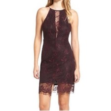 ASTR The Label Burgundy Lace Halter Dress Womens M Cocktail Fringe Hem