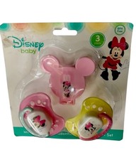 DISNEY BABY Minnie Mouse 3 PC ORTHODONTIC PACIFIERS  CLIP HOLDER SET